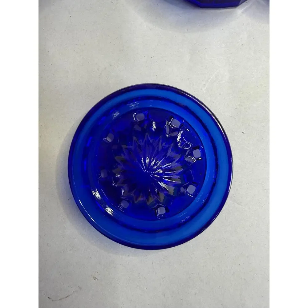 Vintage Cobalt Blue Glass Citrus Juicer, Reamer Set, Starburst Base, Kitchen